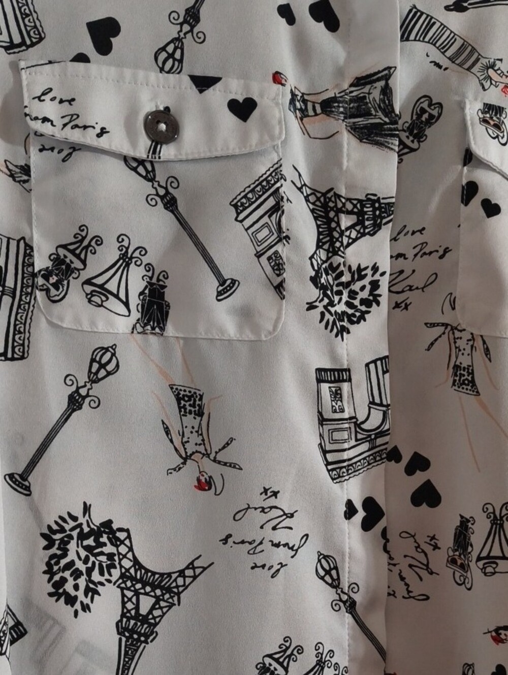 Karl Lagerfeld White Button Up Blouse Paris Heart Eiffel Tower Love - Picture 3 of 6